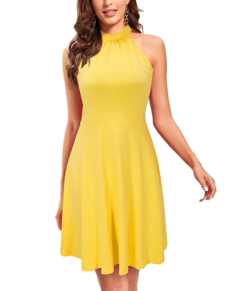 OUGES Women's 2026 Summer Fashion Yellow Halter Neck Sleeveless Tie Back Swing A-Line Sundress Beach Vacation Mini Dress(Yellow,S) - Image 5